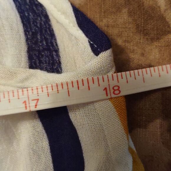 New Kori America Size S Festive Boho Top Navy Gold Stripe Fringe Ruffle Neckline - Picture 6 of 9